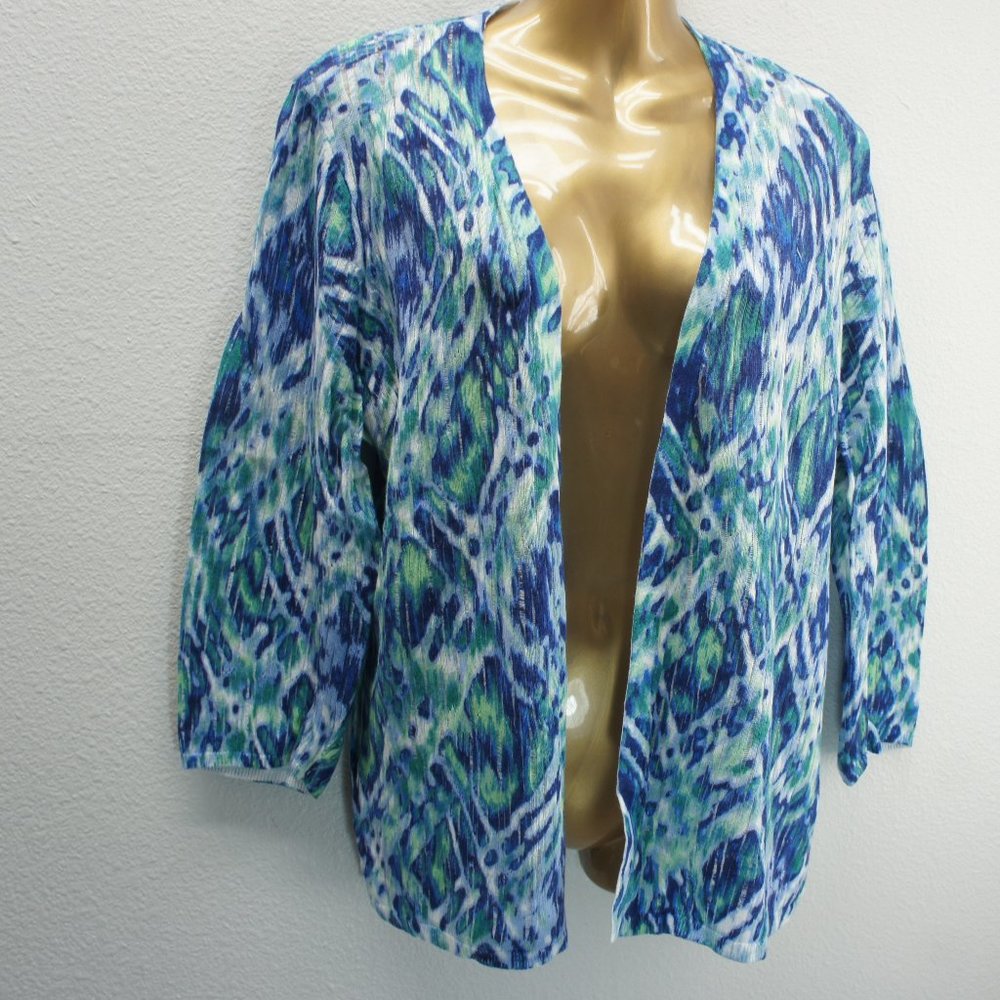 Chicos blue green diamond design cardigan sweater size 3